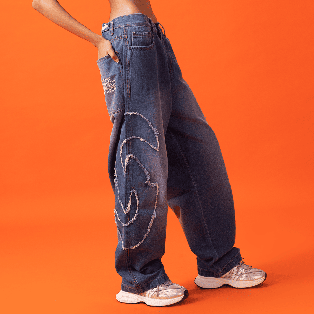 Ozo 'Shuriken' denim pants, front view on a white background